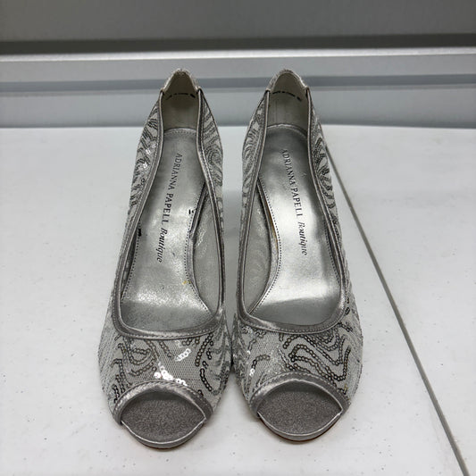 Adrianna Papell Boutique Peep Toe Heels Womens 8.5 Silver Sequin Formal