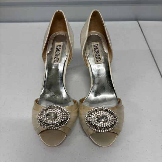 Badgley Mischka Satin Rhinestone Peep Toe Heels Womens Size 8M Champagne