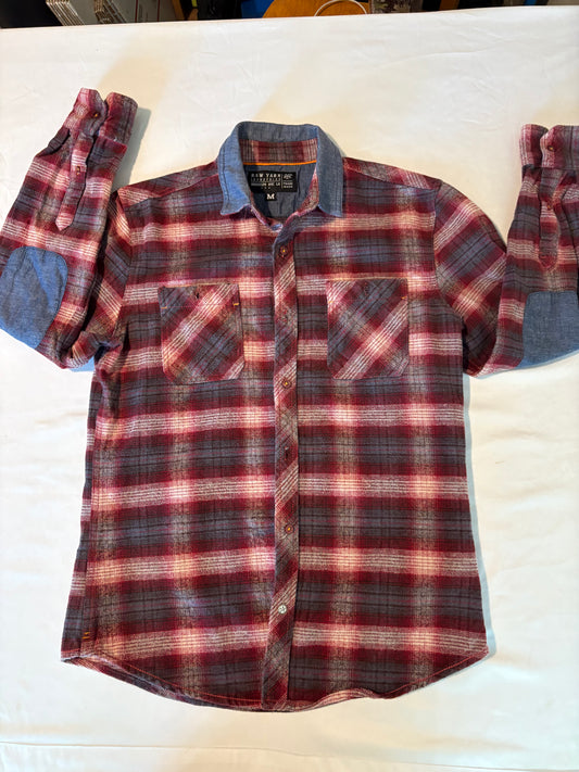Raw Yarn Industries Plaid Flannel Shirt Red Gray Chambray Collar Size M