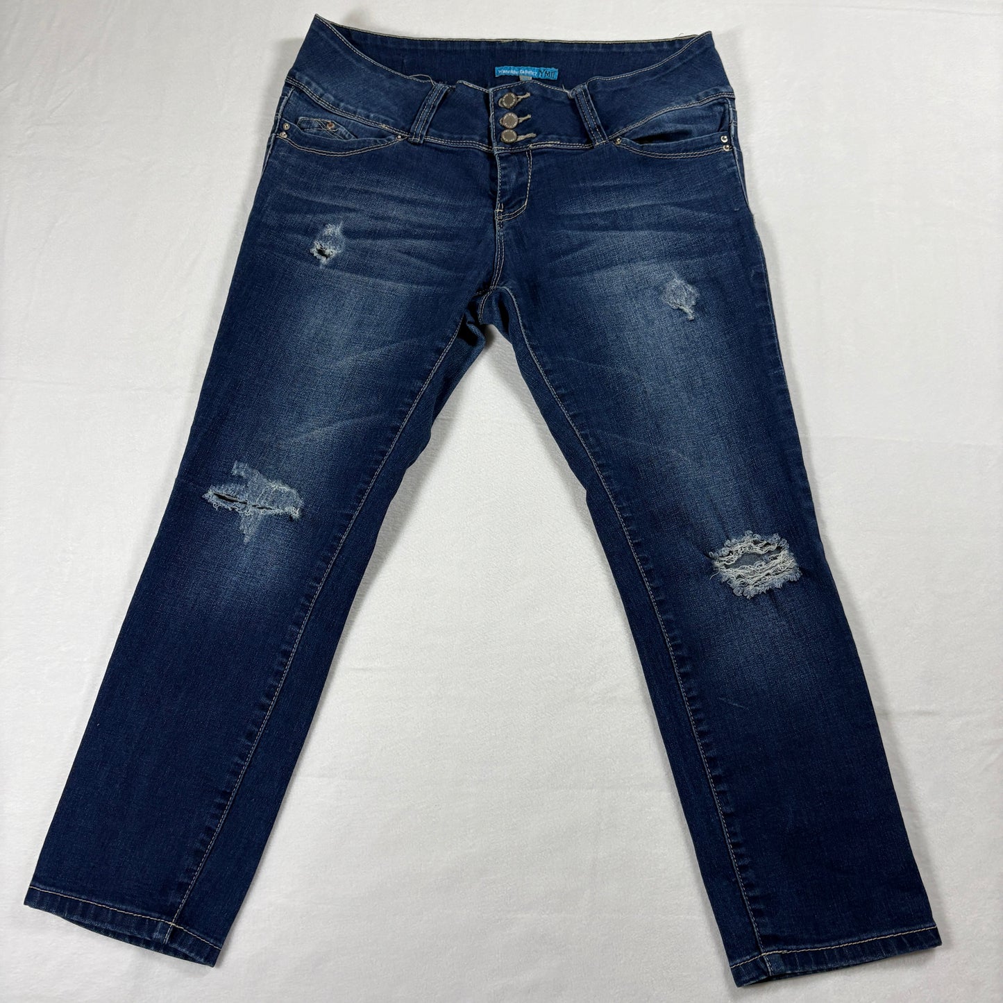 YMI Distressed Skinny Jeans Womens 11 Dark Wash High Rise Button Fly Retro Pants
