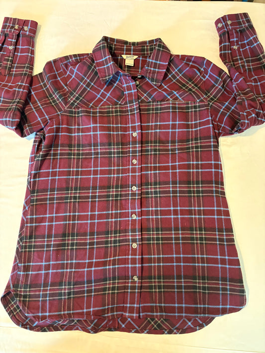 Duluth Trading Co Women’s Flannel Shirt L Plaid Button Up Red Blue Long Sleeve