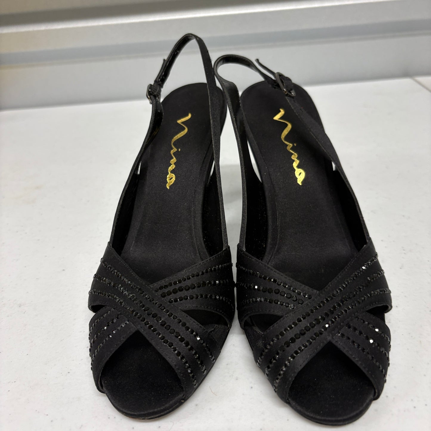 Nina Slingback Heels Womens 7.5M Black Satin Rhinestone Peep Toe Formal