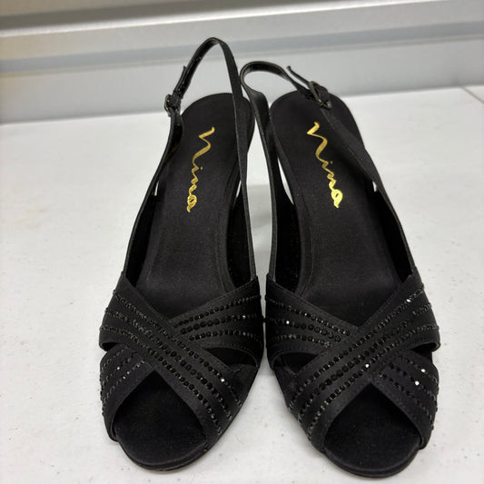 Nina Slingback Heels Womens 7.5M Black Satin Rhinestone Peep Toe Formal