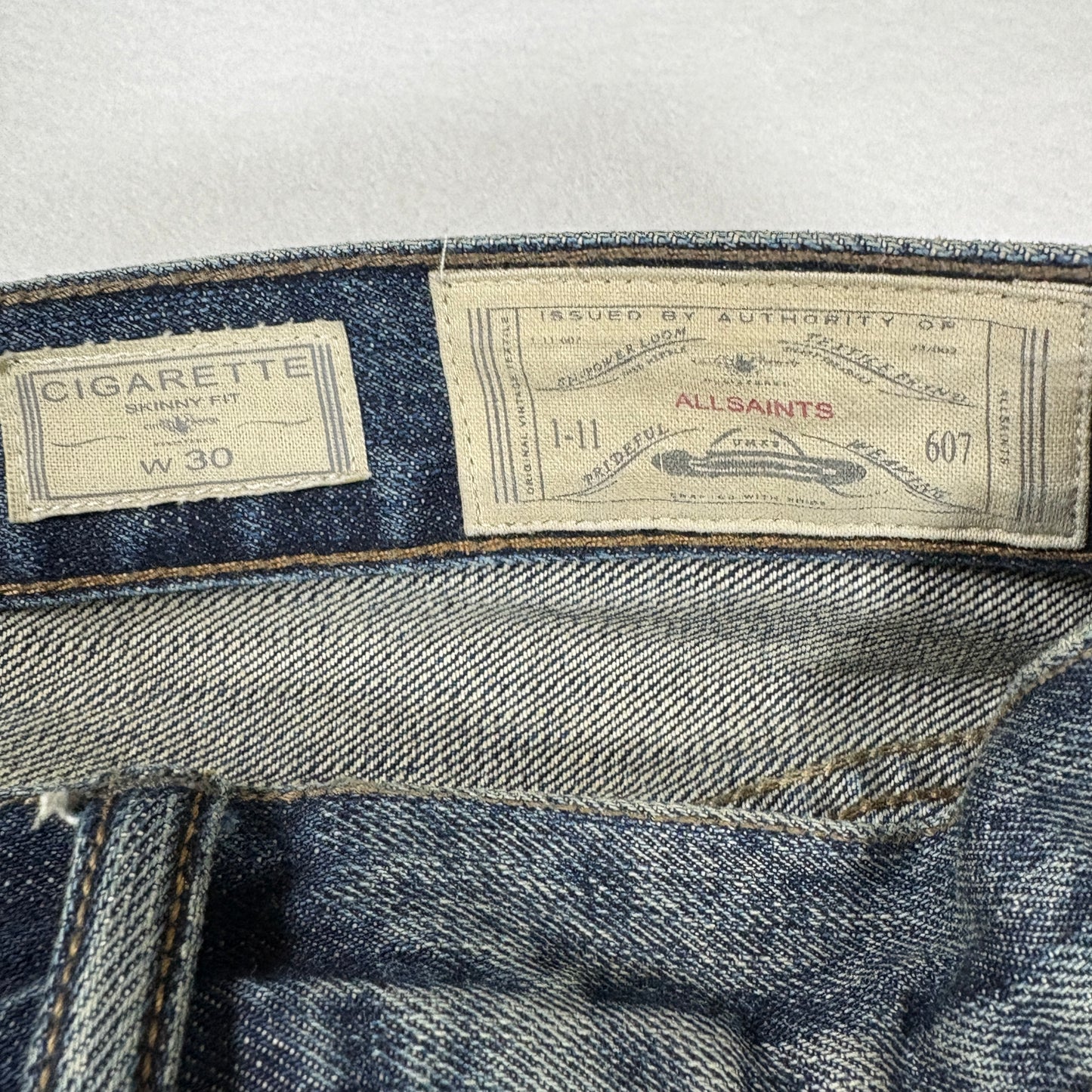 AllSaints Mens Cigarette Skinny Jeans Size 30 Blue Vintage Fade Y2K Grunge Denim