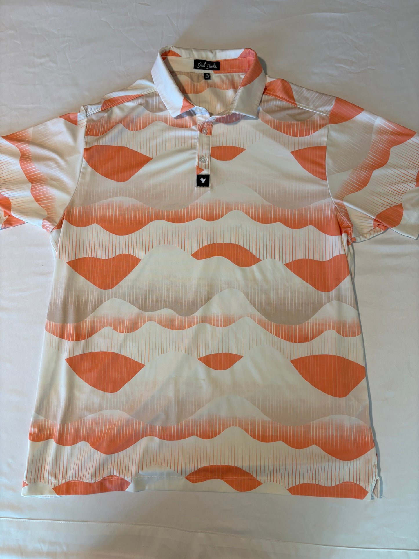 Bad Birdie XL Golf Polo Shirt Orange White Wavy Print Performance Stretch Korea