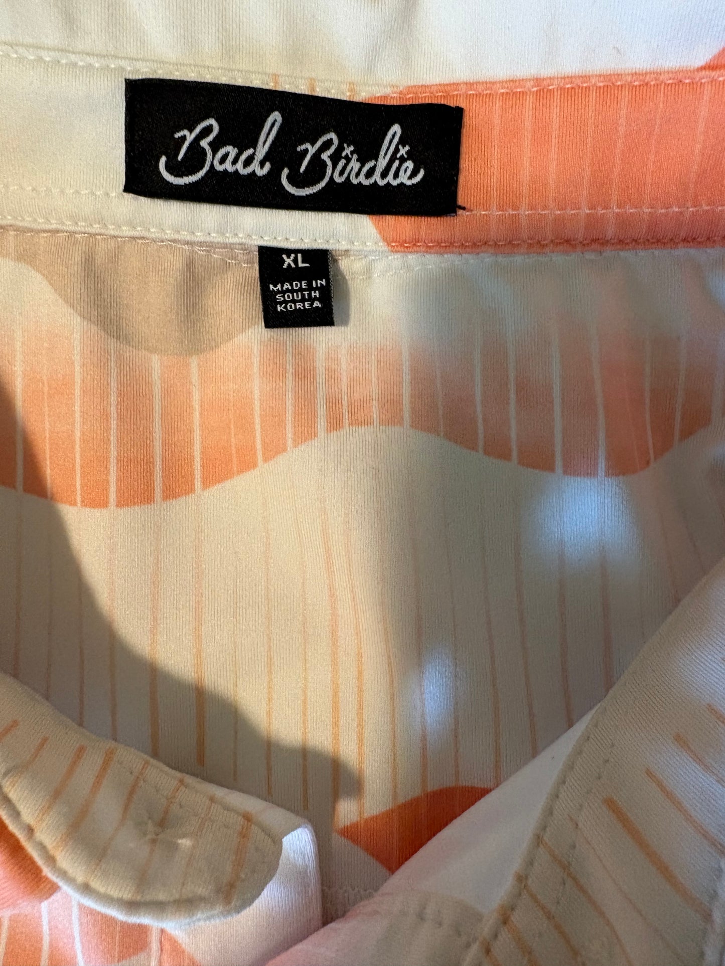 Bad Birdie XL Golf Polo Shirt Orange White Wavy Print Performance Stretch Korea