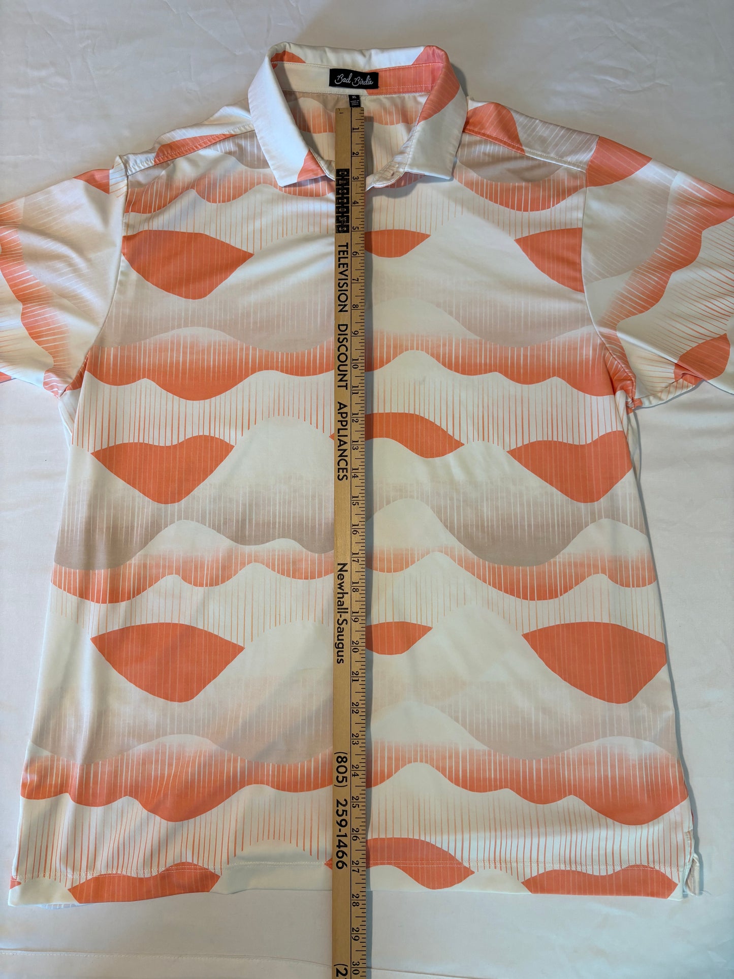 Bad Birdie XL Golf Polo Shirt Orange White Wavy Print Performance Stretch Korea