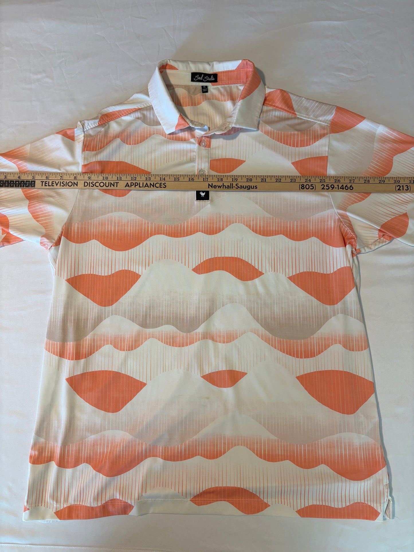 Bad Birdie XL Golf Polo Shirt Orange White Wavy Print Performance Stretch Korea