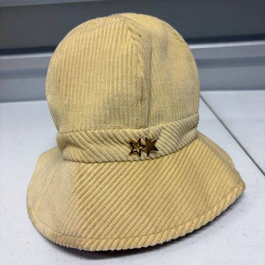 Vintage Corduroy Newsboy Bucket Hat Cream Floral Lined Gold Star Cap Boho Y2K