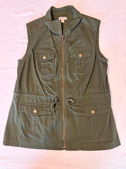 Merona Olive Green Utility Vest Women’s Size M Drawstring Cargo Pockets Zip Front