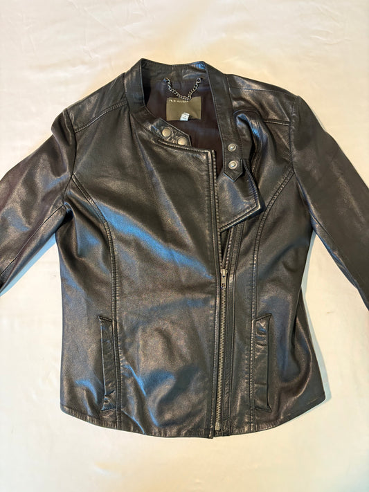 Muubaa Women’s Black Leather Moto Jacket UK 12 US 8 Asymmetrical Zip Stylish Fit