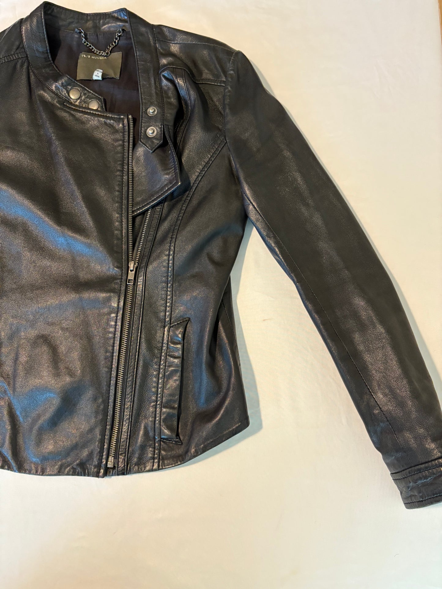Muubaa Women’s Black Leather Moto Jacket UK 12 US 8 Asymmetrical Zip Stylish Fit