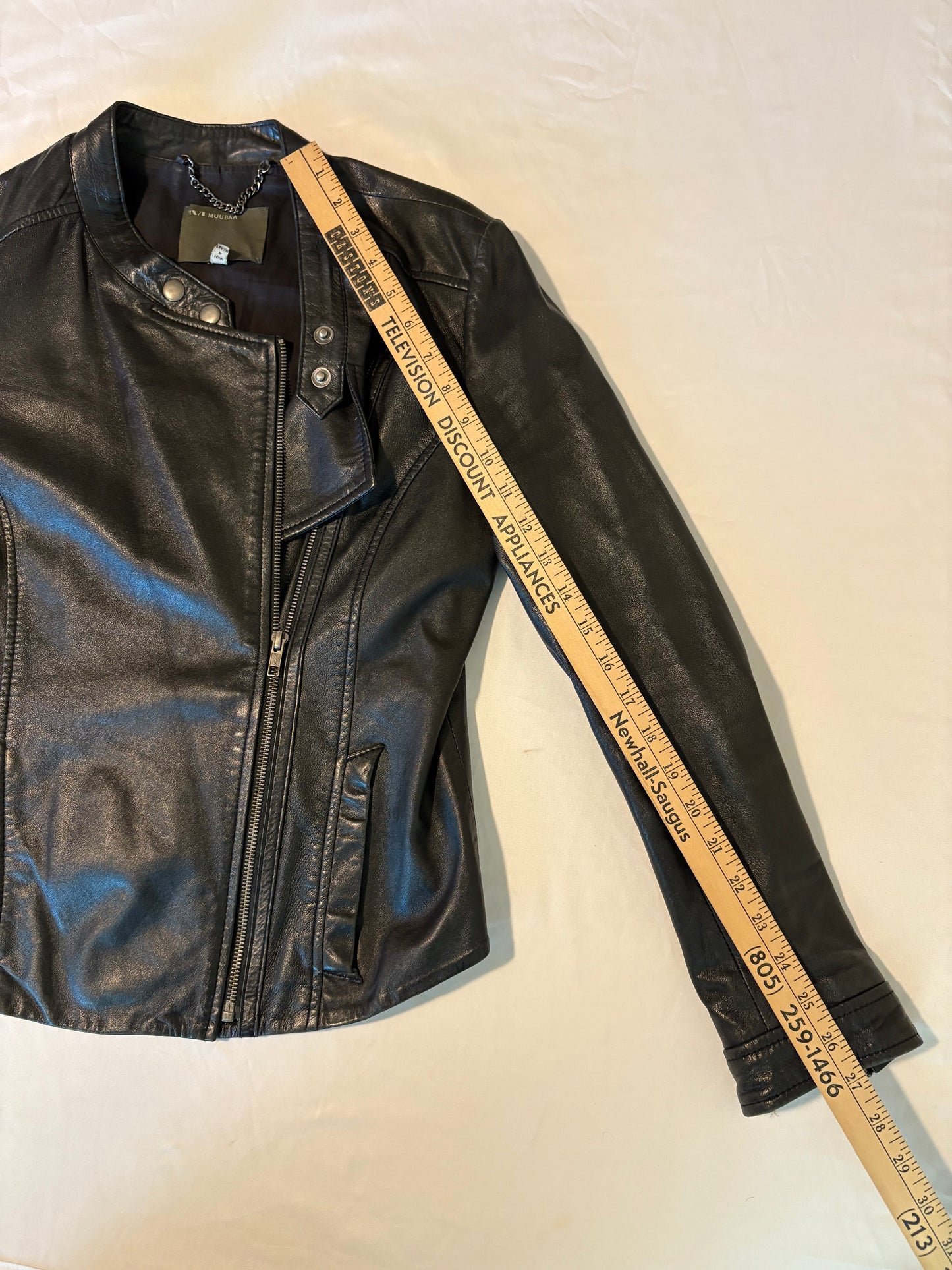 Muubaa Women’s Black Leather Moto Jacket UK 12 US 8 Asymmetrical Zip Stylish Fit