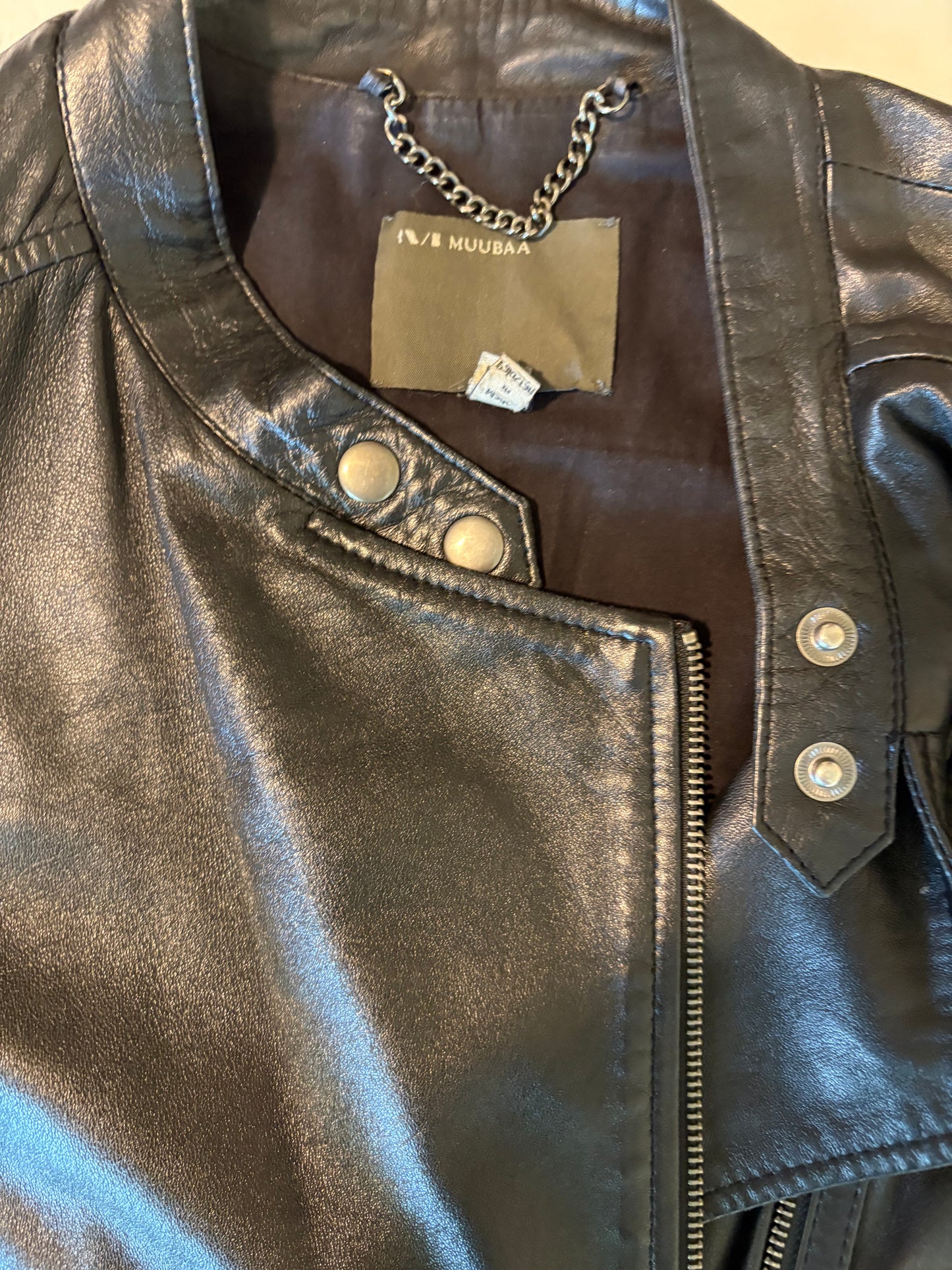 Muubaa Women’s Black Leather Moto Jacket UK 12 US 8 Asymmetrical Zip Stylish Fit