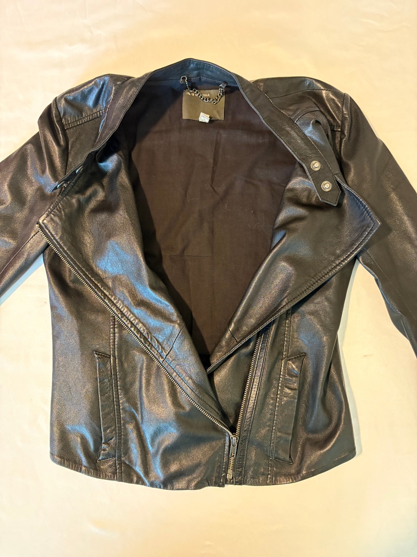 Muubaa Women’s Black Leather Moto Jacket UK 12 US 8 Asymmetrical Zip Stylish Fit