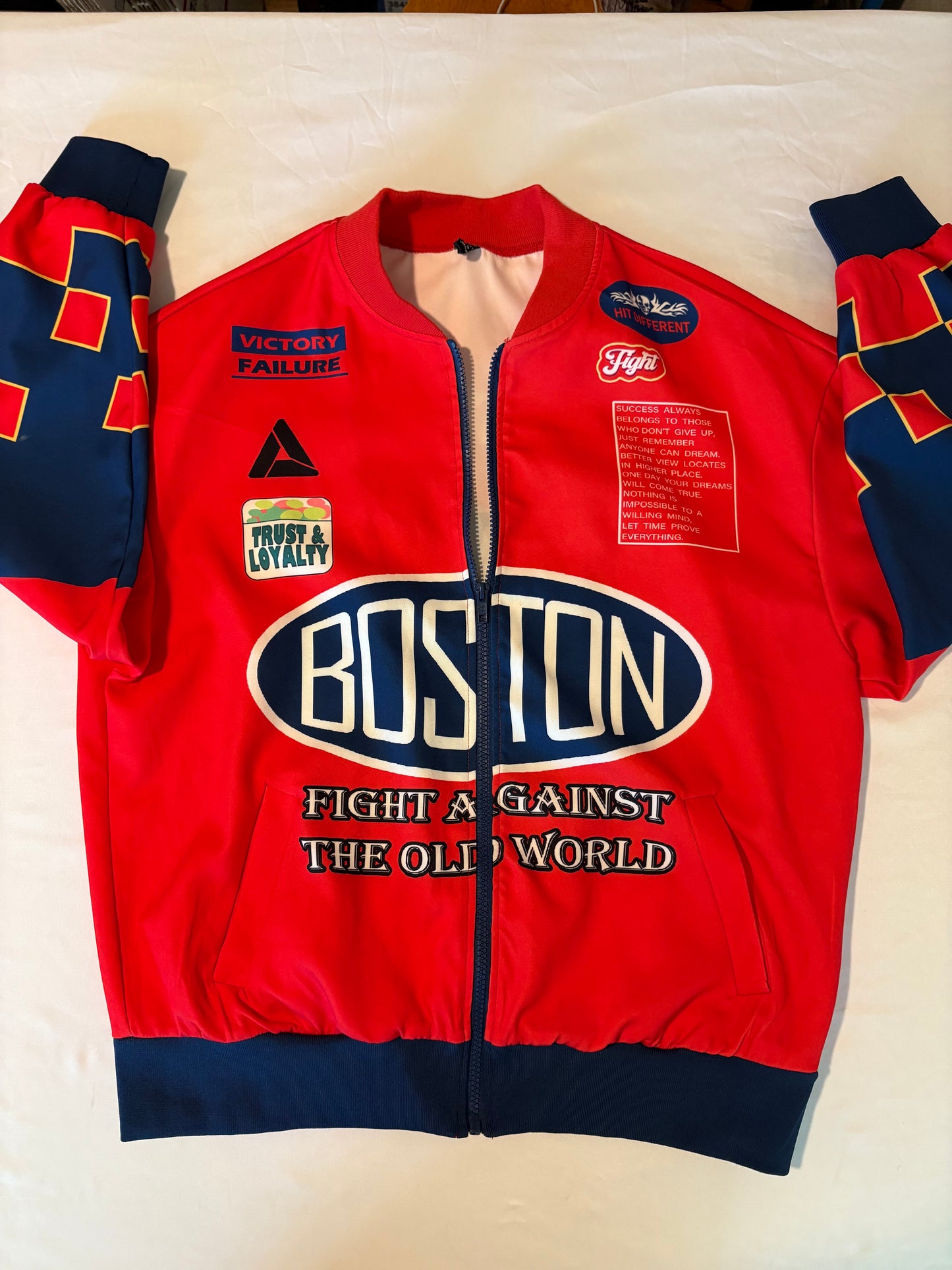 SHEIN Boston Fight Red Zip Jacket Size M Graphic Patch Streetwear Statement Rare