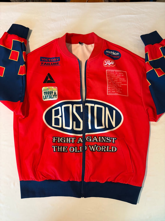 SHEIN Boston Fight Red Zip Jacket Size M Graphic Patch Streetwear Statement Rare
