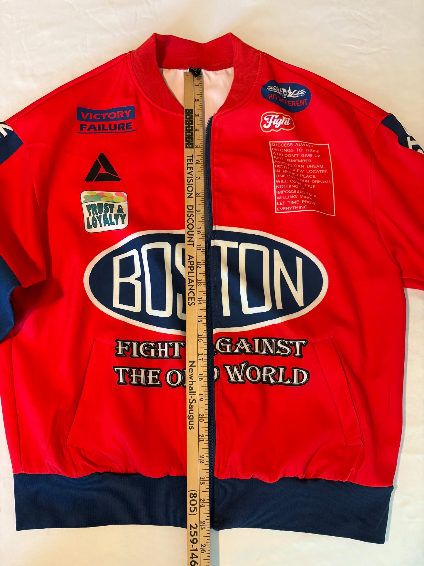 SHEIN Boston Fight Red Zip Jacket Size M Graphic Patch Streetwear Statement Rare