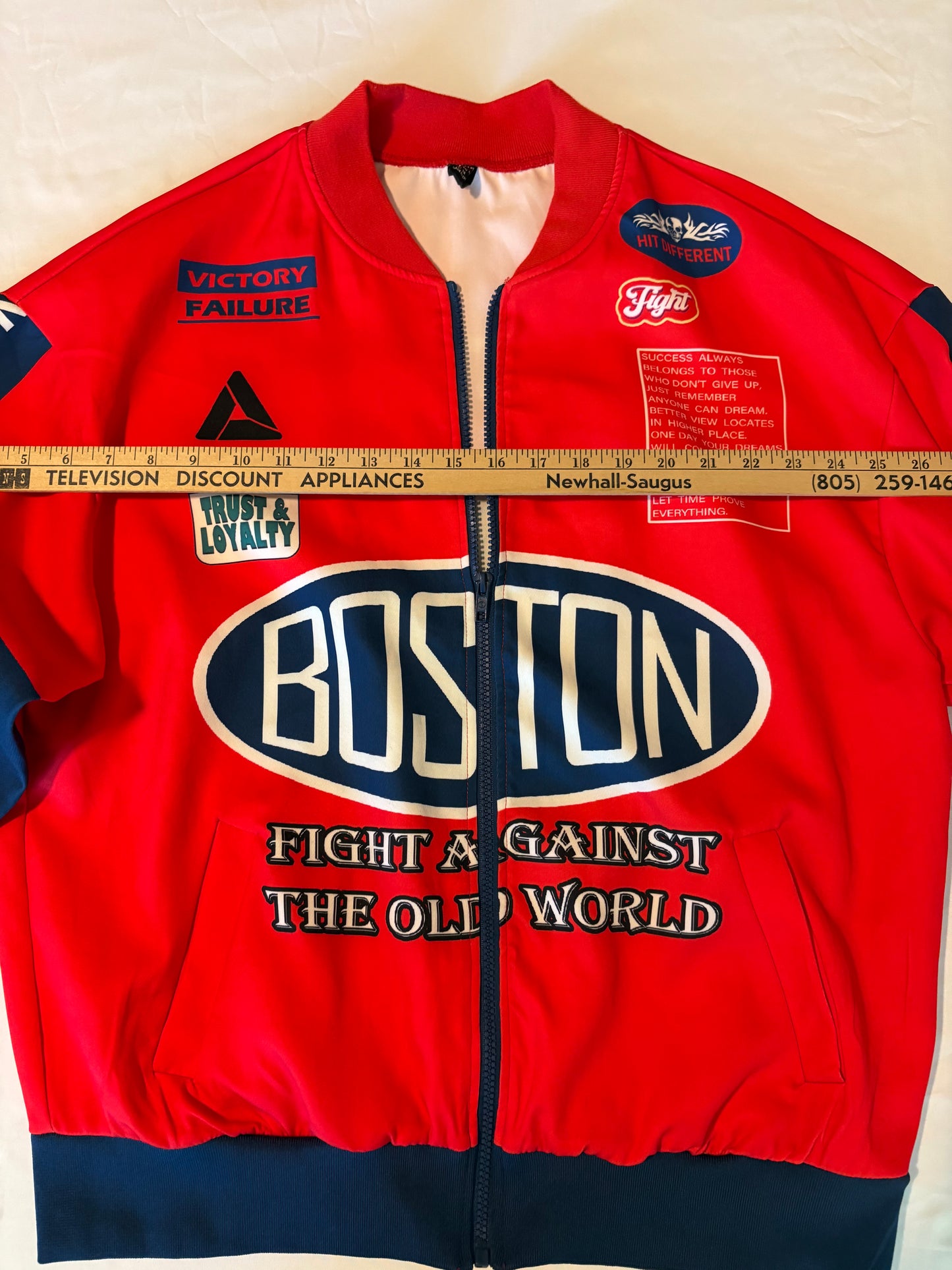 SHEIN Boston Fight Red Zip Jacket Size M Graphic Patch Streetwear Statement Rare