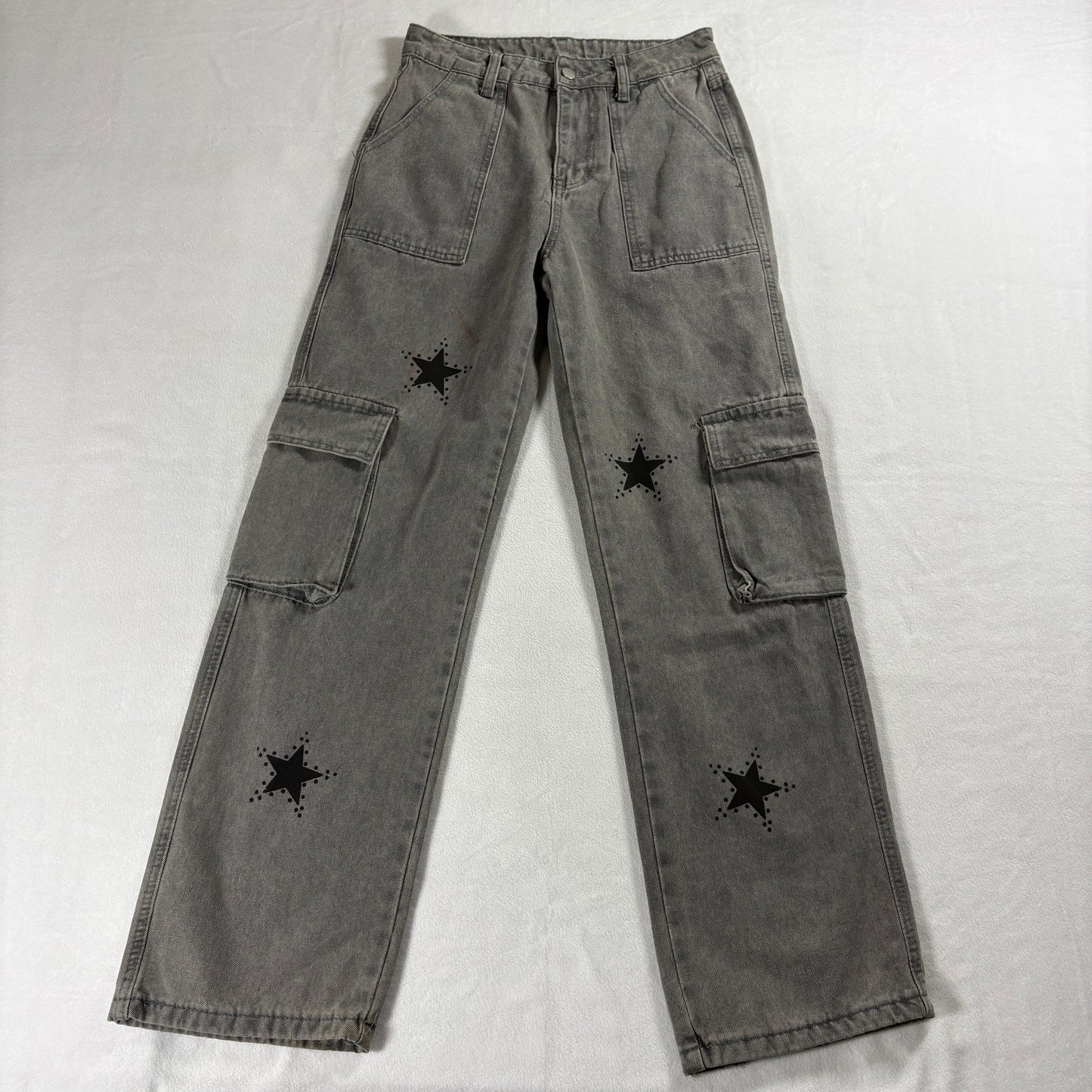 Womens Gray Cargo Jeans Star Patch Y2K Grunge Streetwear Baggy Size S Vintage!!
