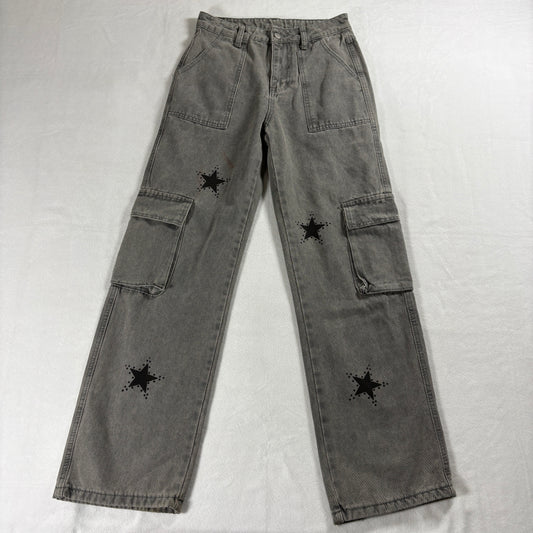 Womens Gray Cargo Jeans Star Patch Y2K Grunge Streetwear Baggy Size S Vintage!!