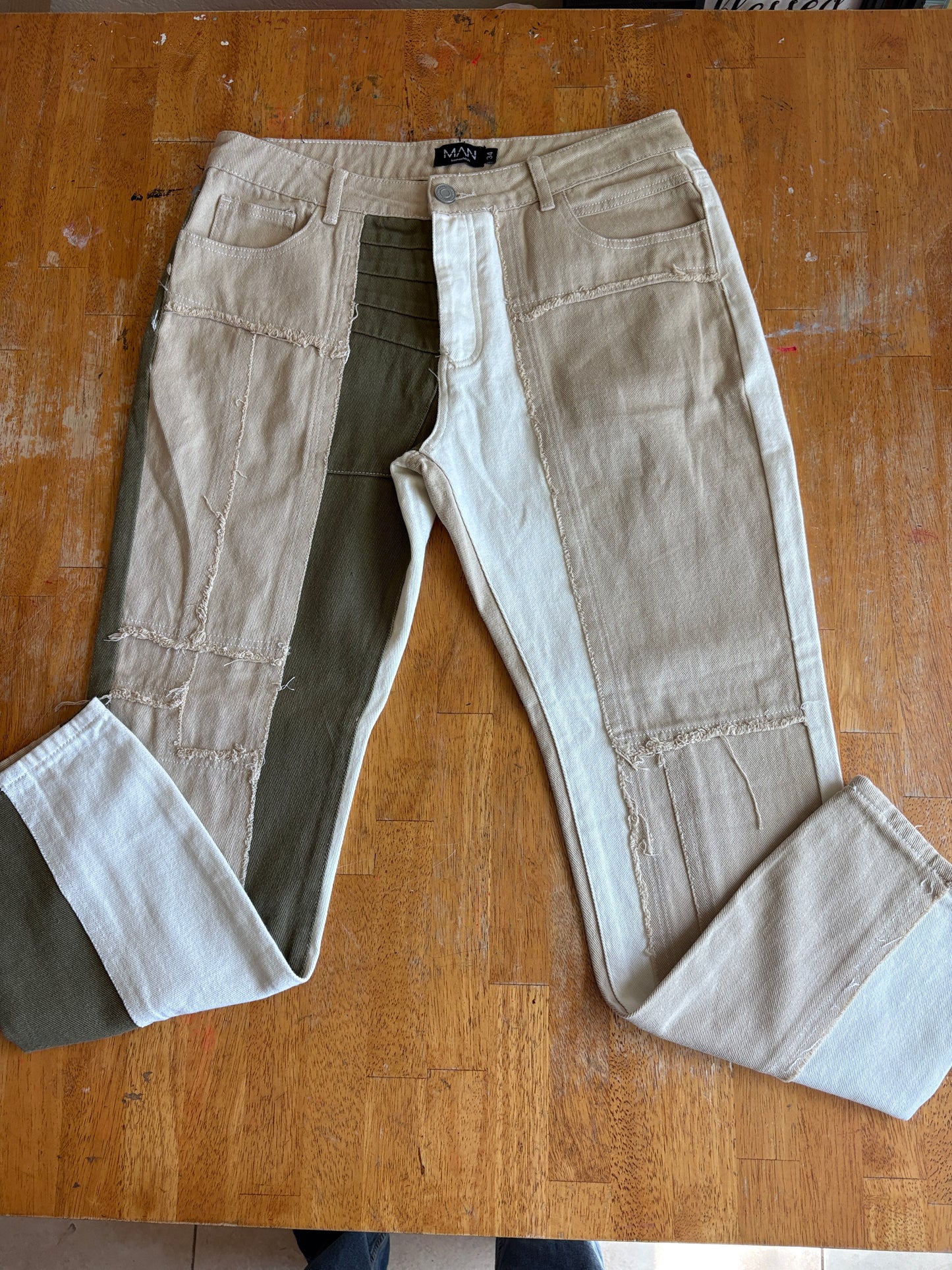 Patchwork Distressed Jeans Y2K Streetwear Tag 34 Fits Like 34X30 Beige