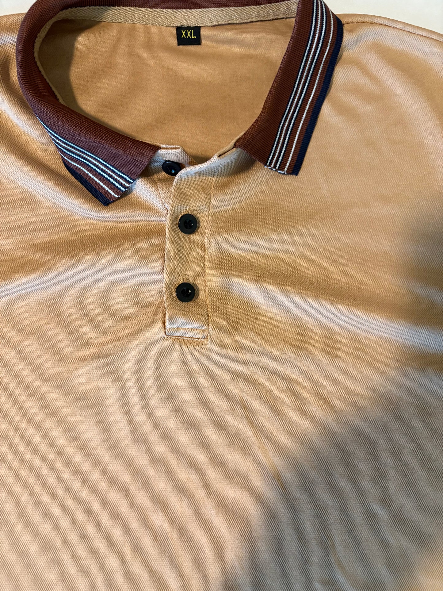 Men's XXL Tan Polo Shirt Retro Stripe Collar Casual Golf Short Sleeve To