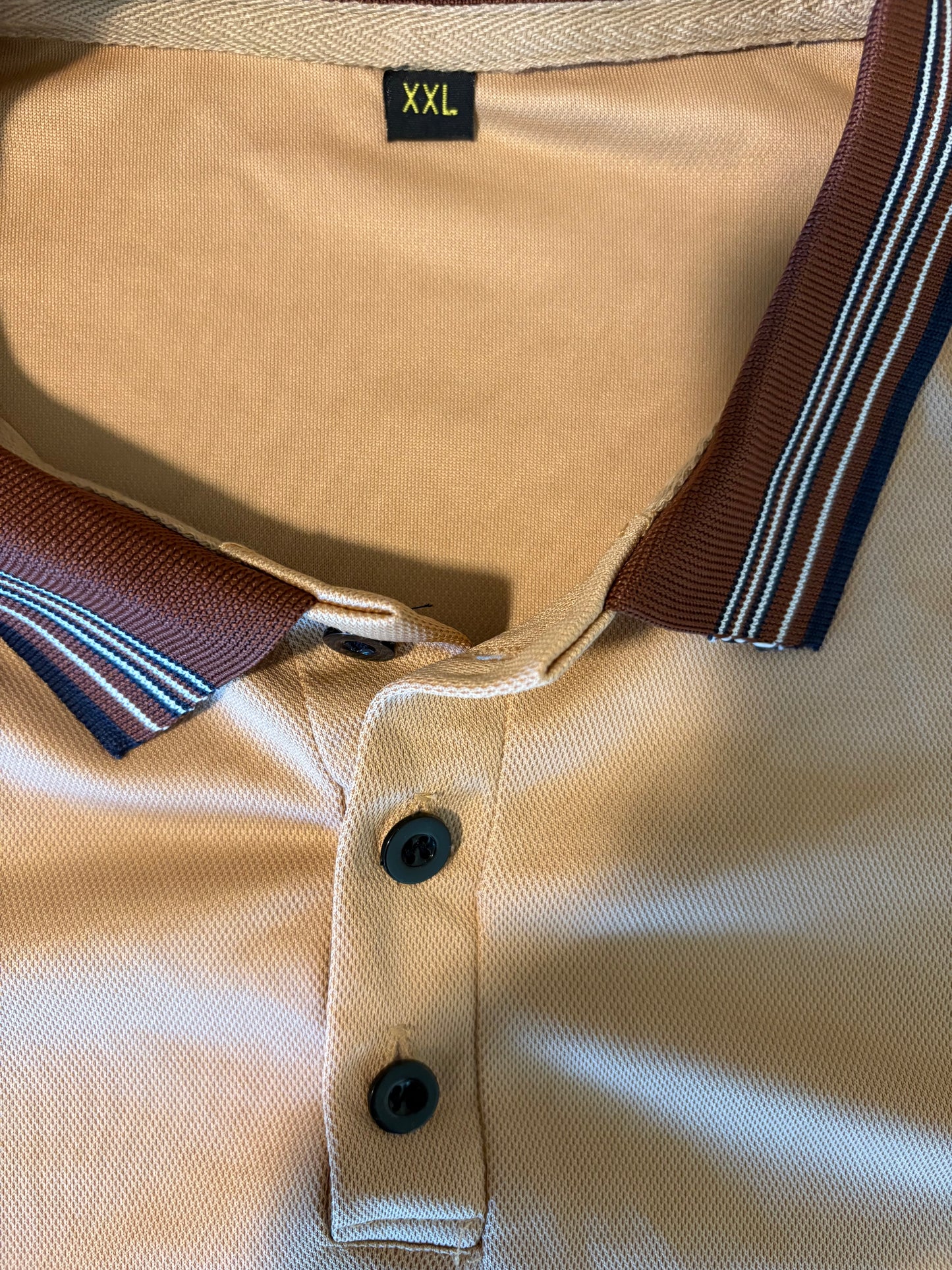 Men's XXL Tan Polo Shirt Retro Stripe Collar Casual Golf Short Sleeve To