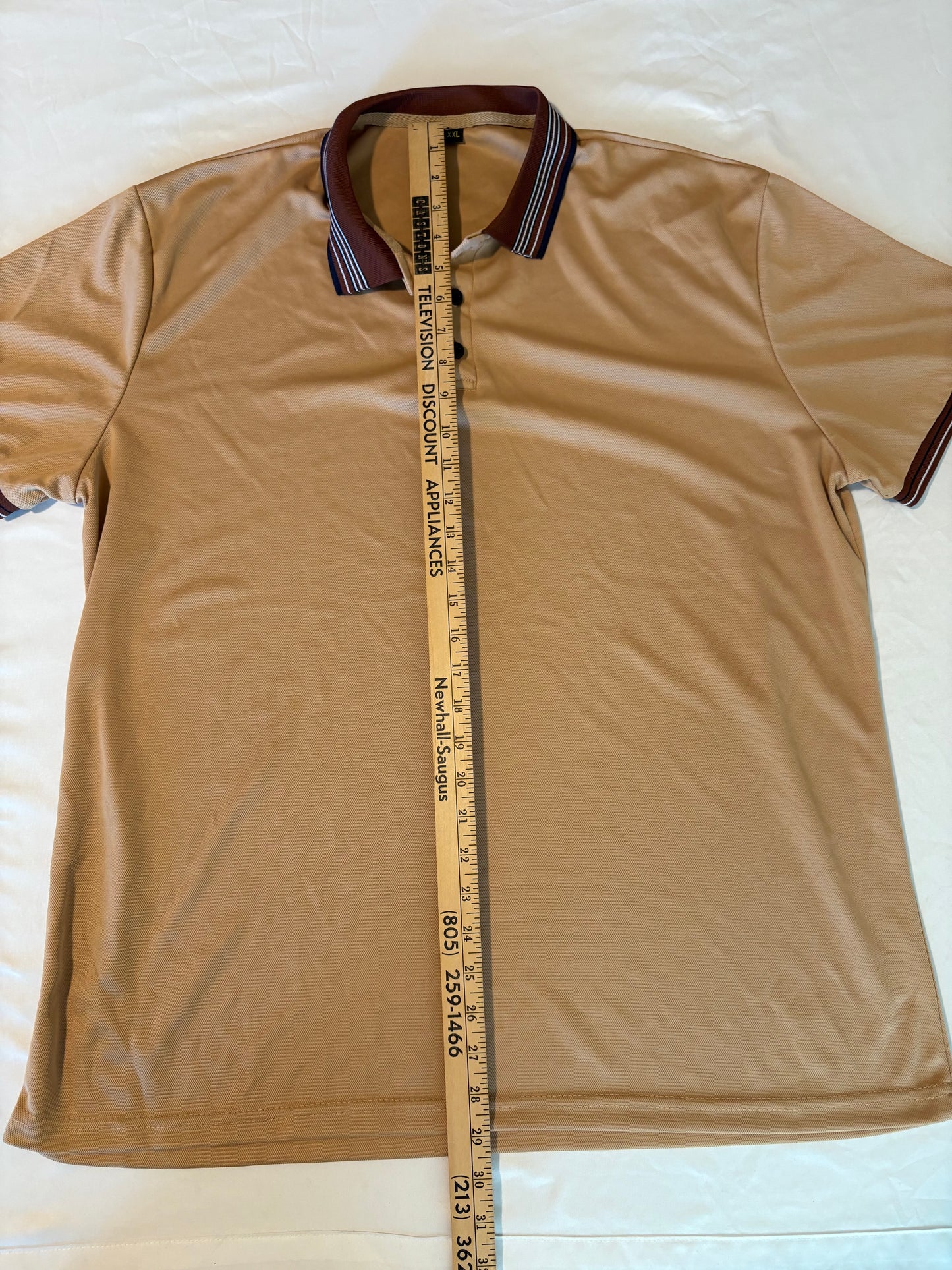 Men's XXL Tan Polo Shirt Retro Stripe Collar Casual Golf Short Sleeve To
