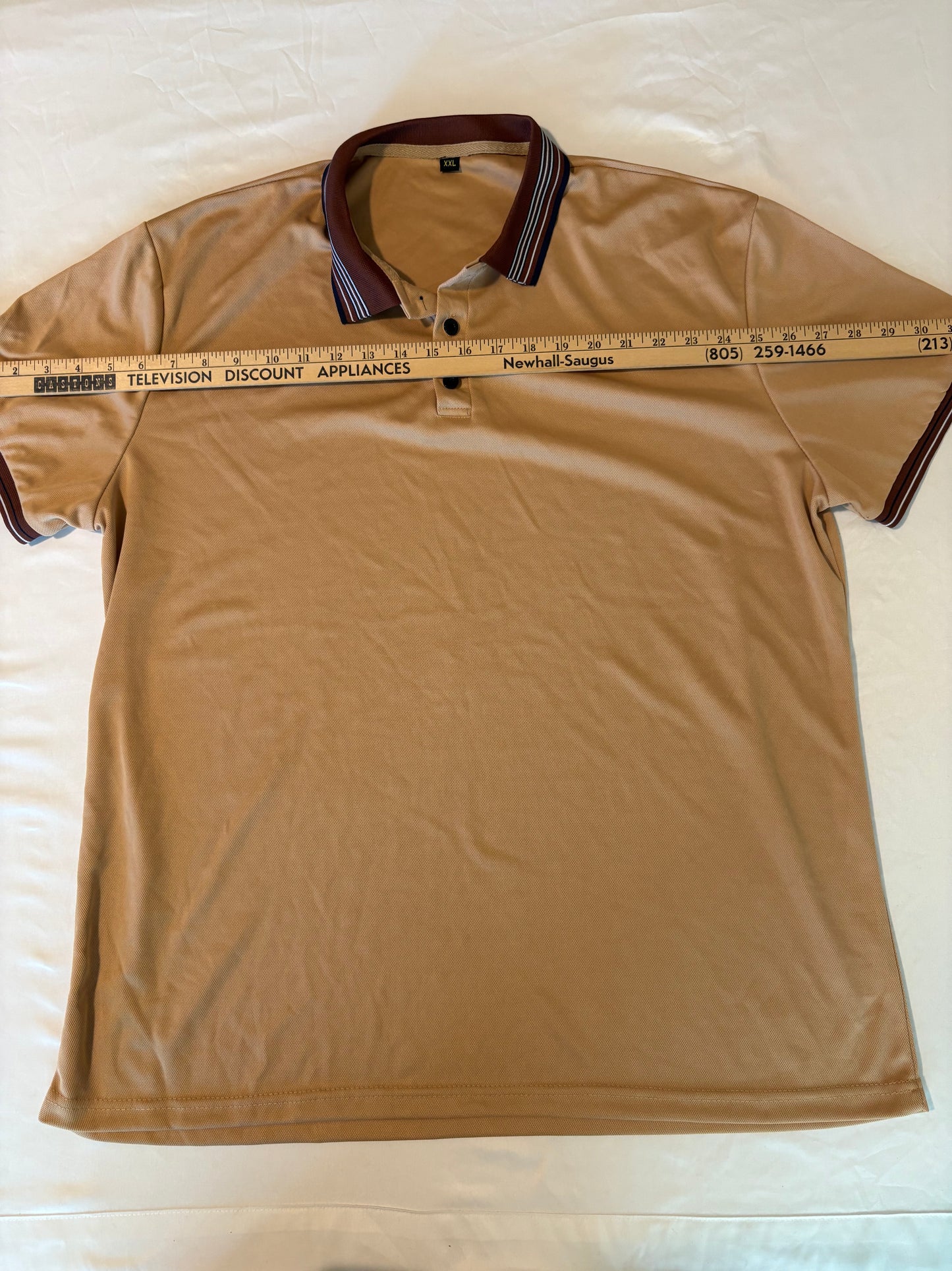 Men's XXL Tan Polo Shirt Retro Stripe Collar Casual Golf Short Sleeve To