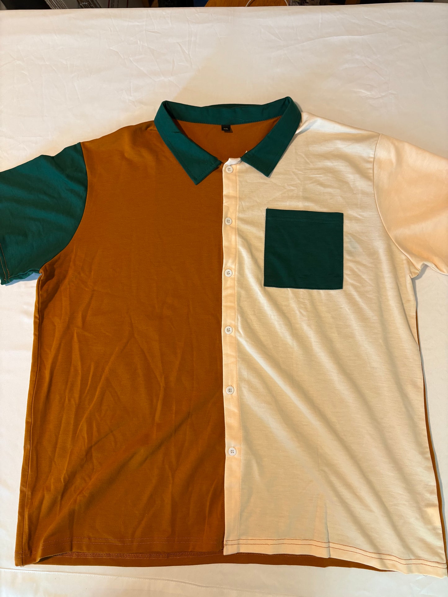 Colorblock Button Up Polo Shirt XXL Brown White Green Retro Streetwear Style