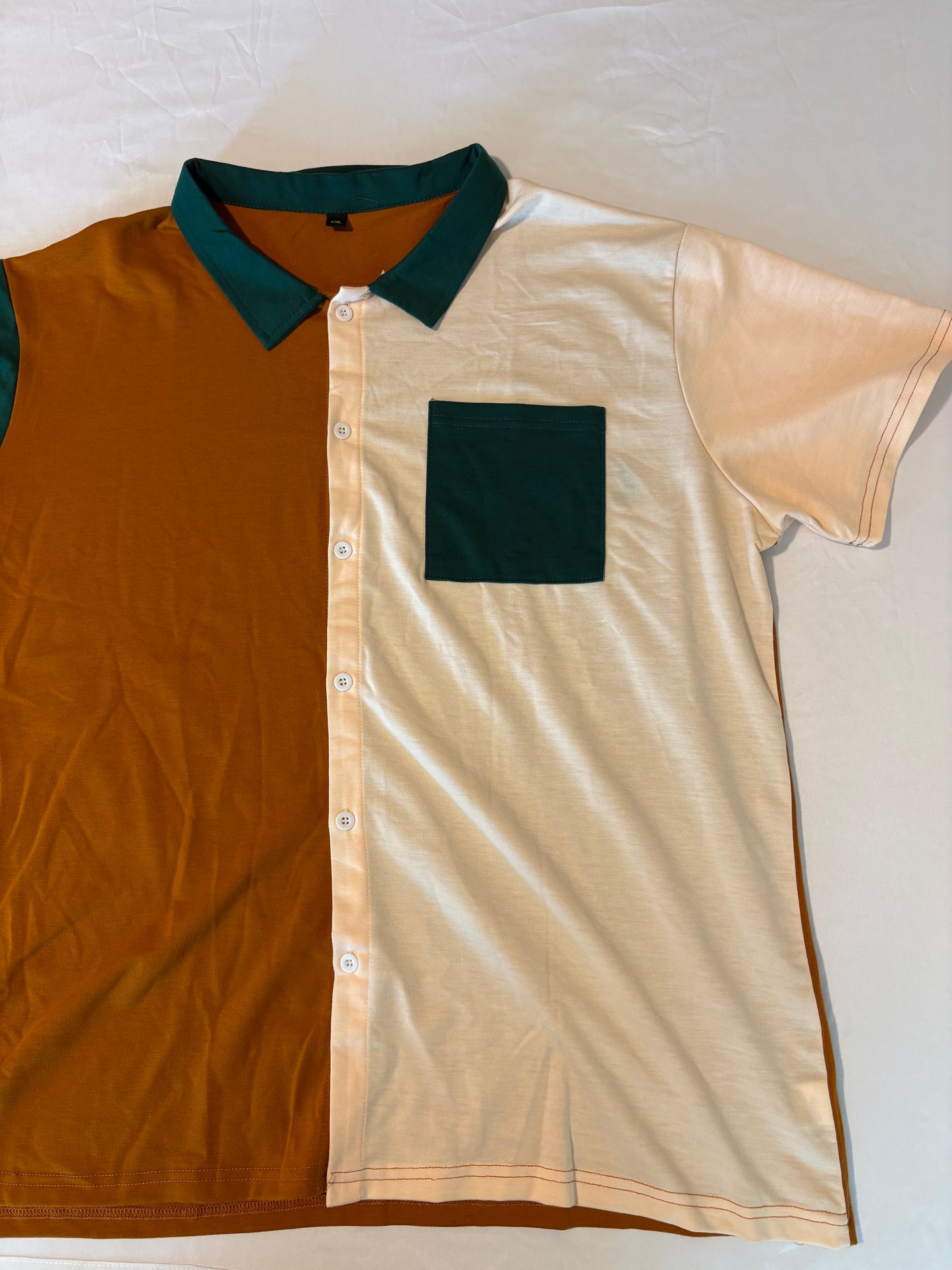 Colorblock Button Up Polo Shirt XXL Brown White Green Retro Streetwear Style