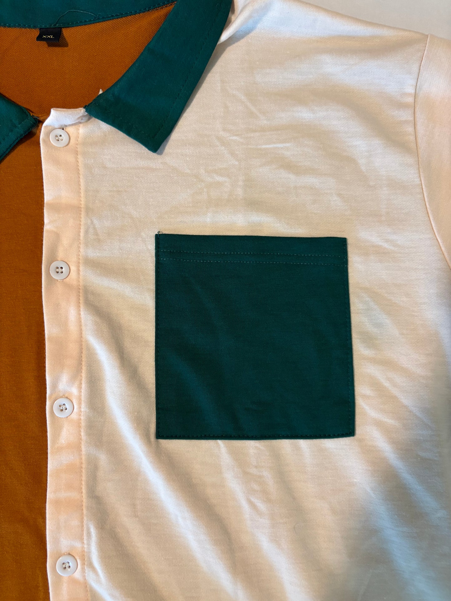 Colorblock Button Up Polo Shirt XXL Brown White Green Retro Streetwear Style