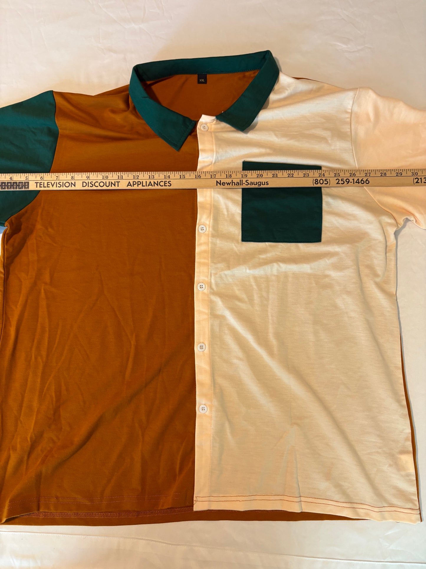 Colorblock Button Up Polo Shirt XXL Brown White Green Retro Streetwear Style