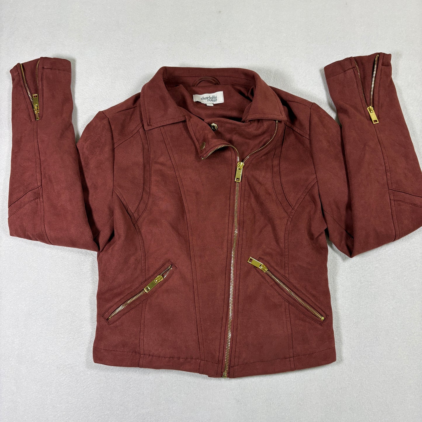 Charlotte Russe Womens Faux Suede Moto Jacket Small Red Zip Up Y2K Grunge Style