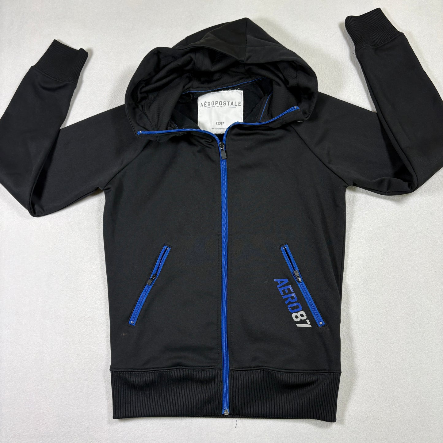Aeropostale Mens Black Zip Hoodie XS Blue Trim AERO 87 Athletic Y2K Streetwear