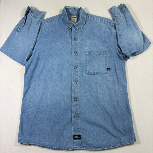 Dickies Mens Denim Button Up Shirt L Blue 100% Cotton Workwear Y2K Grunge