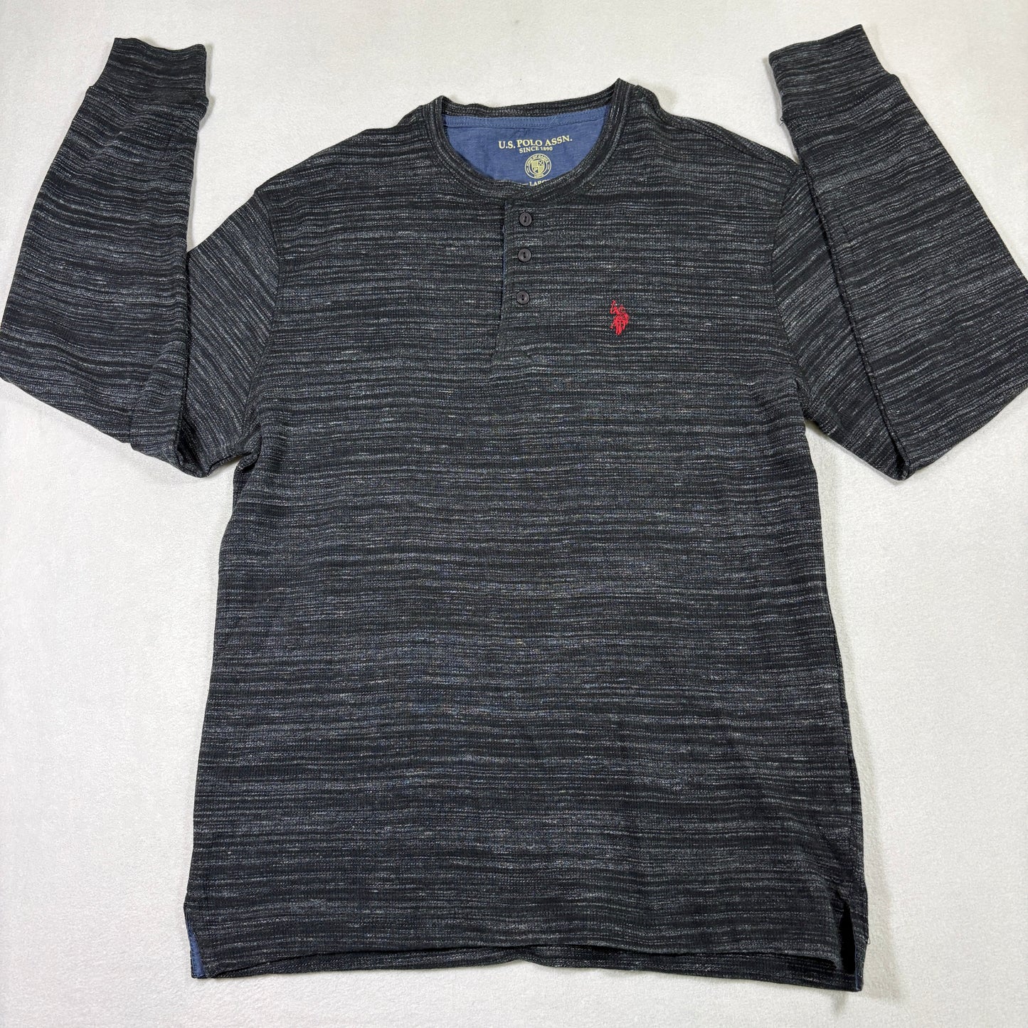 US Polo Assn Mens Henley Shirt L Gray Long Sleeve Textured Knit Casual