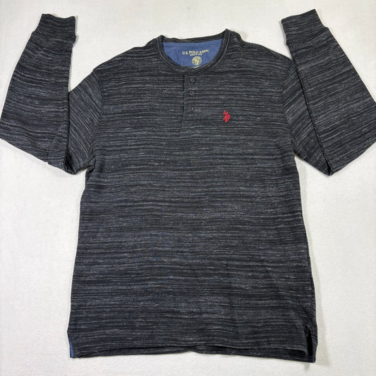 US Polo Assn Mens Henley Shirt L Gray Long Sleeve Textured Knit Casual