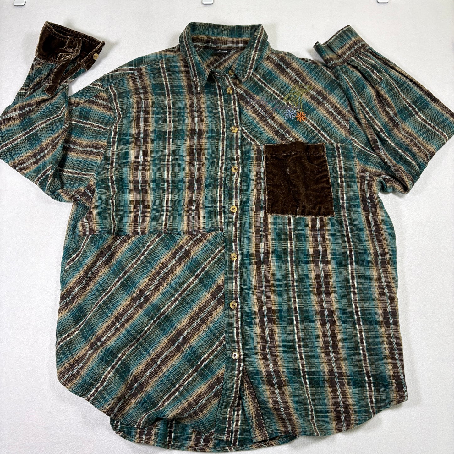 BDG Urban Outfitters Womens Plaid Shirt L Brown Teal Corduroy Pocket Y2K Grunge