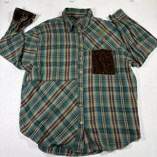 BDG Urban Outfitters Womens Plaid Shirt L Brown Teal Corduroy Pocket Y2K Grunge
