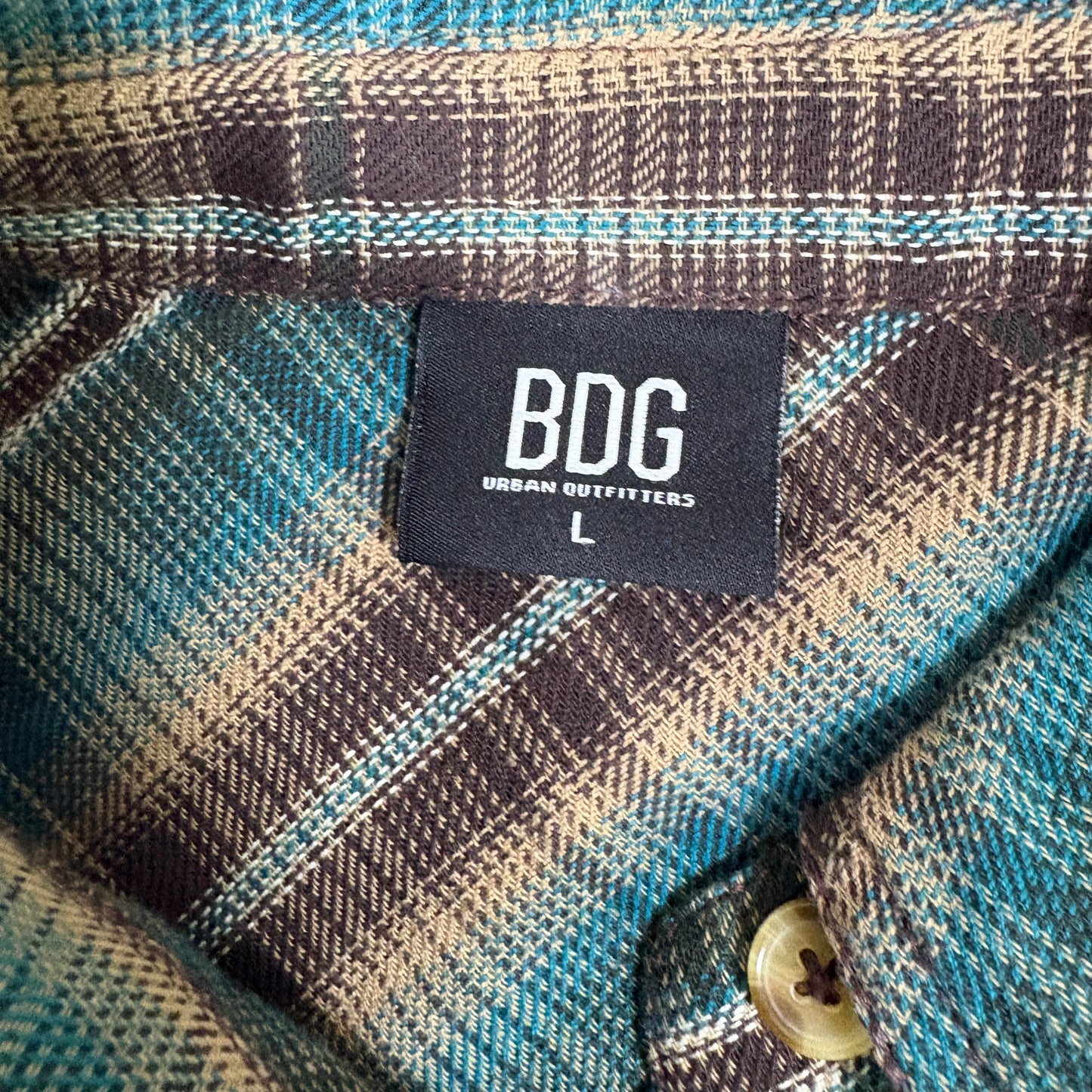 BDG Urban Outfitters Womens Plaid Shirt L Brown Teal Corduroy Pocket Y2K Grunge