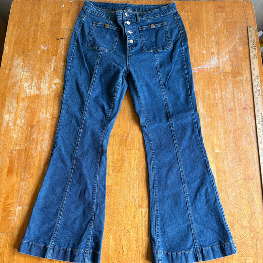 Womens High Rise Flare Jeans 2XL Stretch Denim Button Fly Patch Pocket Blue