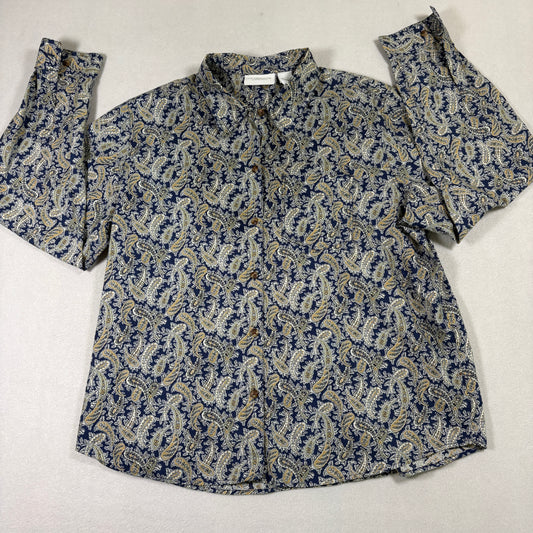 Liz Claiborne Lizwear Womens Paisley Shirt L Blue Gold 100% Cotton Vintage