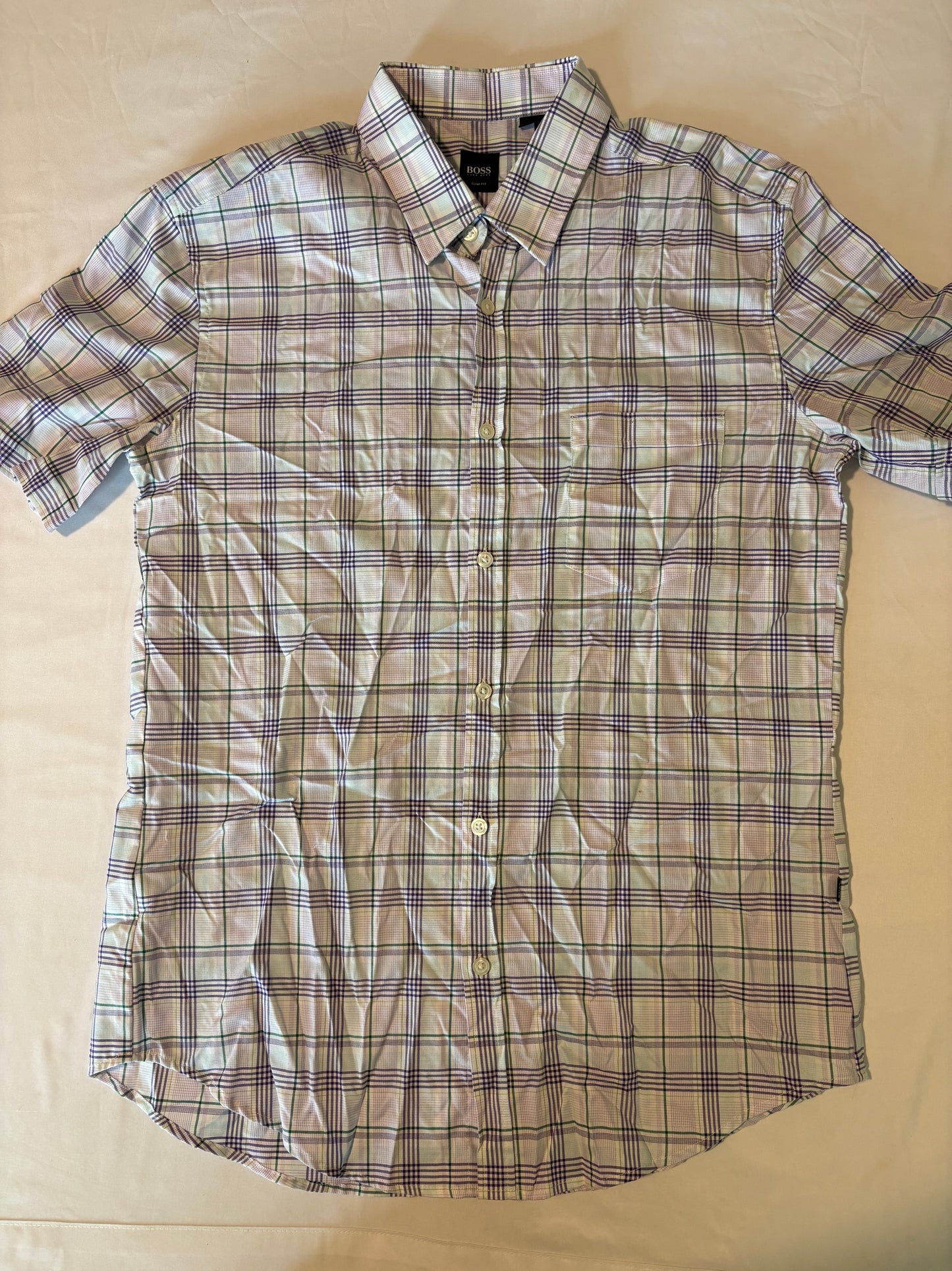 Hugo Boss Mens Shirt L Slim Fit Short Sleeve Button Up Plaid Purple Green White