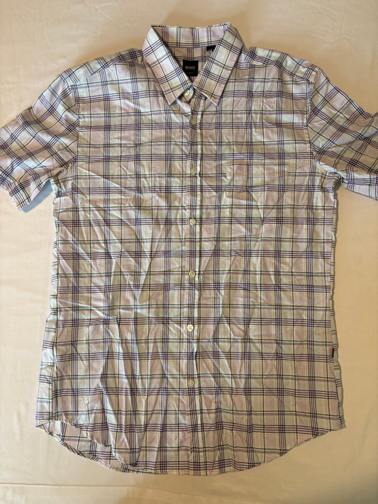 Hugo Boss Mens Shirt L Slim Fit Short Sleeve Button Up Plaid Purple Green White