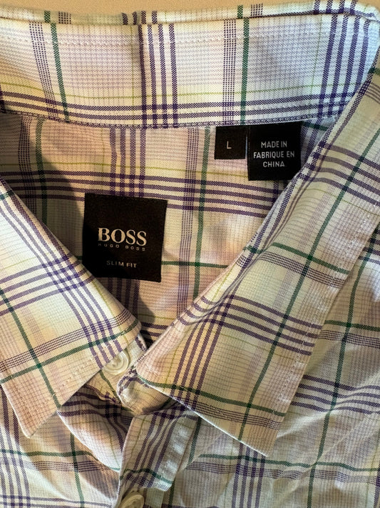 Hugo Boss Mens Shirt L Slim Fit Short Sleeve Button Up Plaid Purple Green White