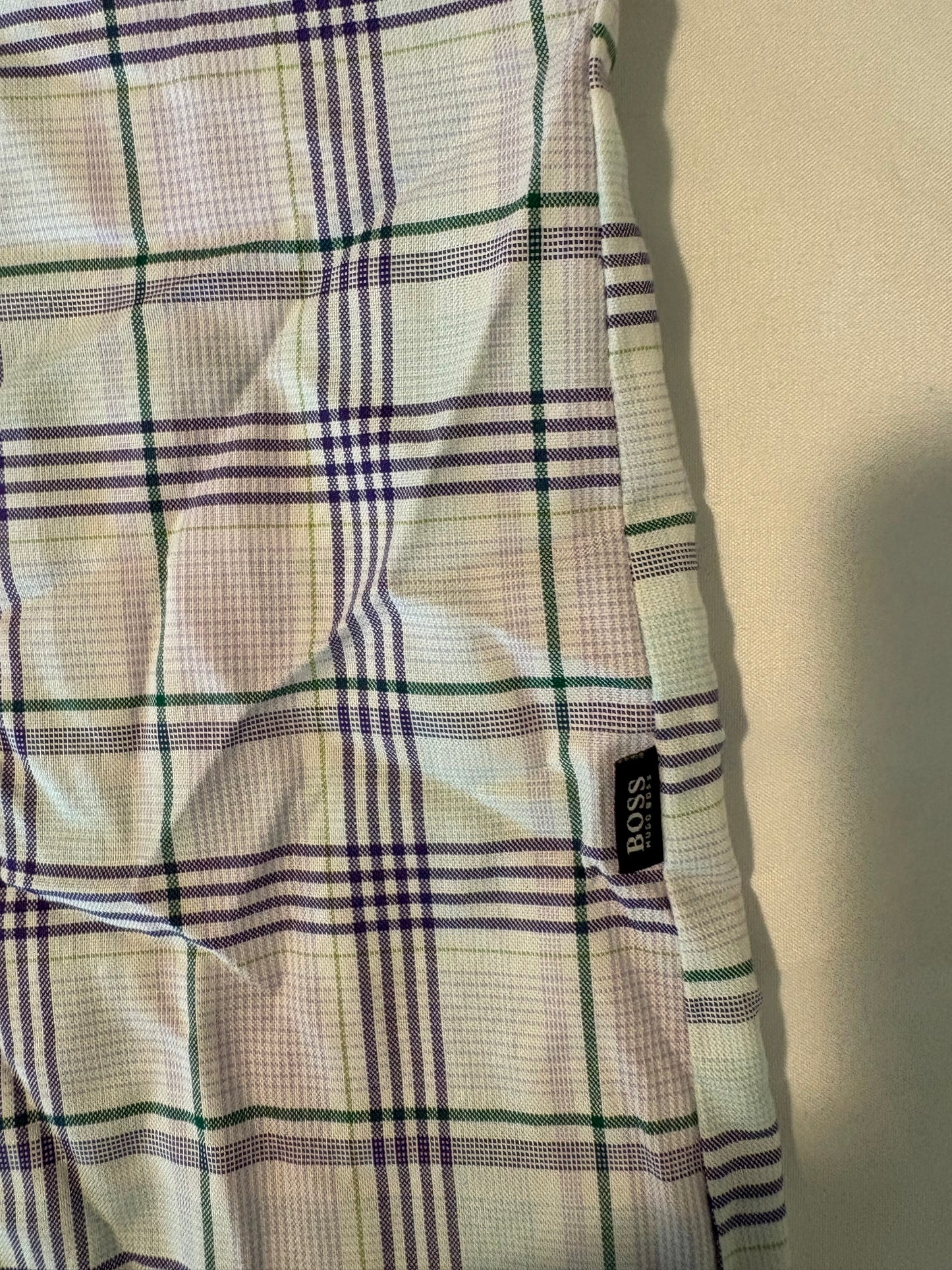 Hugo Boss Mens Shirt L Slim Fit Short Sleeve Button Up Plaid Purple Green White