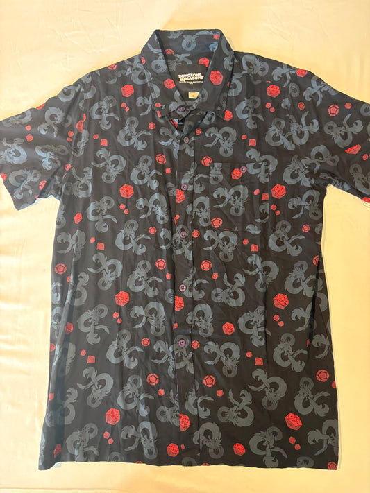 Dungeons & Dragons Shirt Large Button Up Black Red Dice Dragon 2023 Wizards L