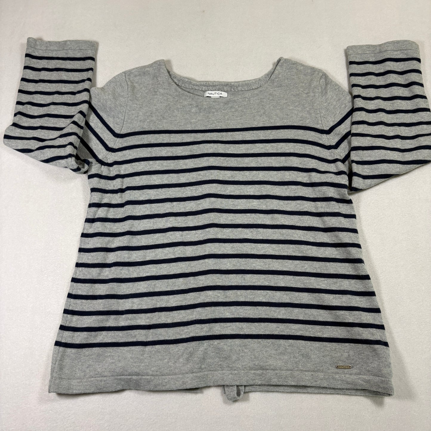 Nautica Womens XL Gray Navy Striped Cotton Sweater Lace Up Back Nautical Top